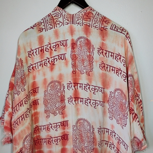 World Market Ganesha Tie Dye Kimono Shawl Pink White Mantra Hippie One Size - Picture 6 of 12